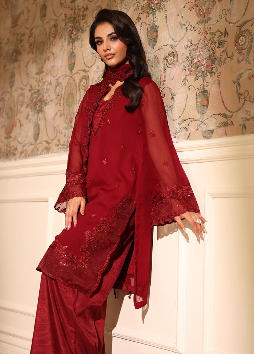 Ensembles by Azure Embroidered Unstitched Chiffon Suits 3 Piece AZU25EU ES-115-2 Cherry Veil - Festive Collection