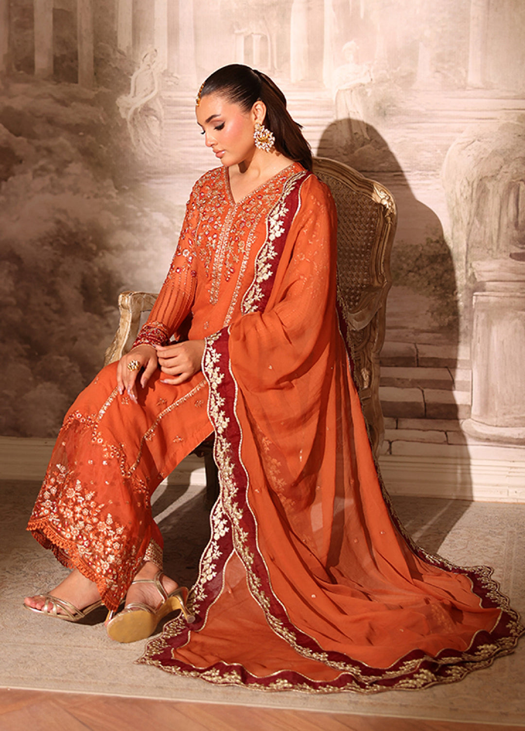 Ensembles by Azure Embroidered Unstitched Chiffon Suits 3 Piece AZU25EU ES-117 Amber Rust - Festive Collection