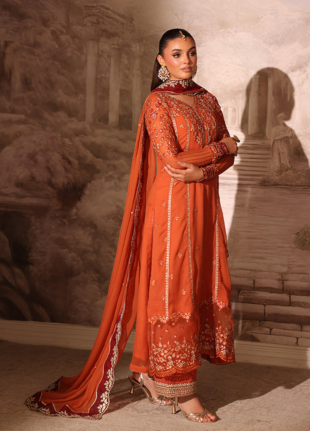 Ensembles by Azure Embroidered Unstitched Chiffon Suits 3 Piece AZU25EU ES-117 Amber Rust - Festive Collection