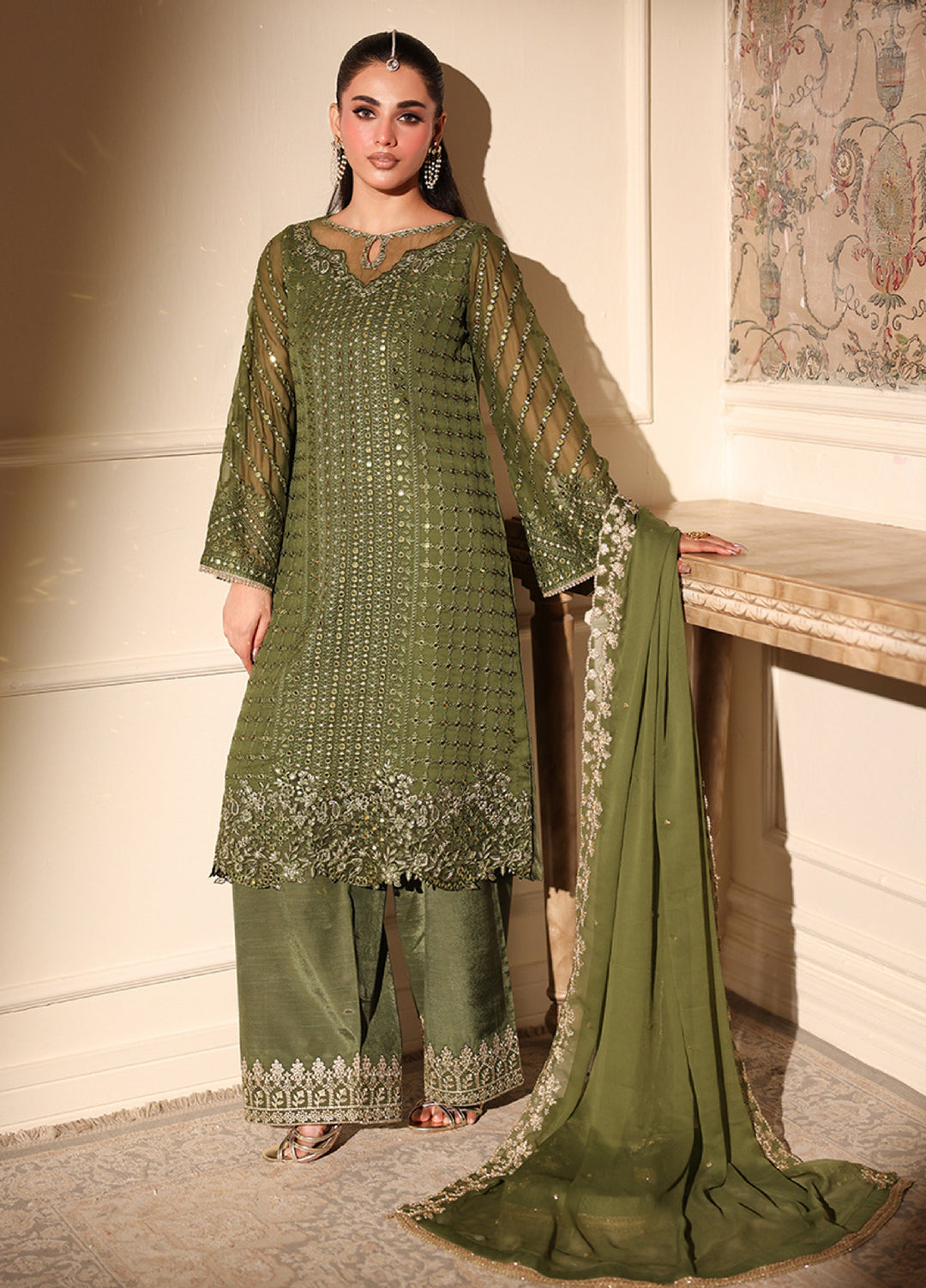 Ensembles by Azure Embroidered Unstitched Chiffon Suits 3 Piece AZU25EU ES-119 Moss Glow - Festive Collection