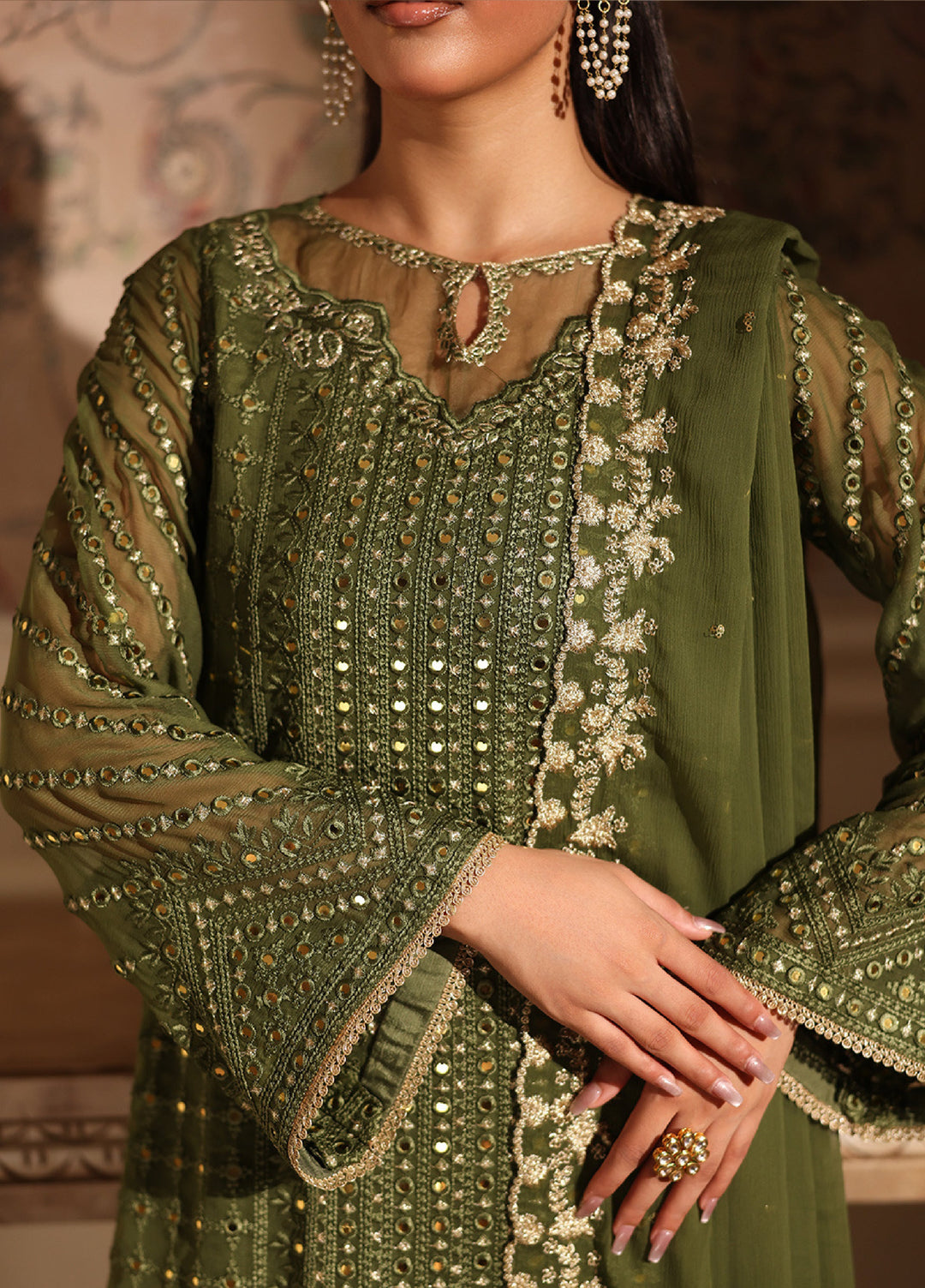 Ensembles by Azure Embroidered Unstitched Chiffon Suits 3 Piece AZU25EU ES-119 Moss Glow - Festive Collection