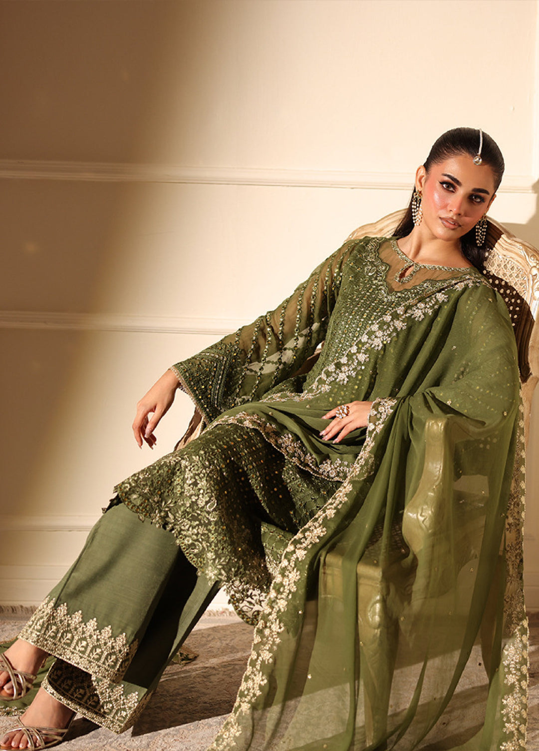 Ensembles by Azure Embroidered Unstitched Chiffon Suits 3 Piece AZU25EU ES-119 Moss Glow - Festive Collection