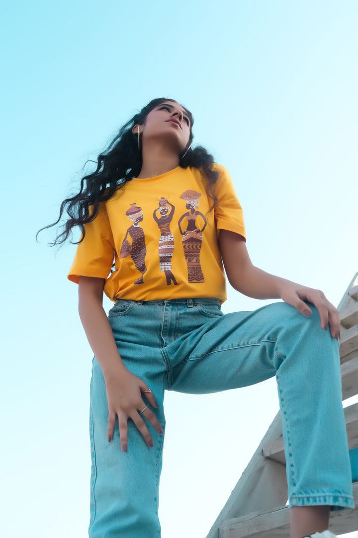 Dhaga Women Western Solids T- Shirt jersy Yellow Hieroglyphs DH10007 - Summer Collection