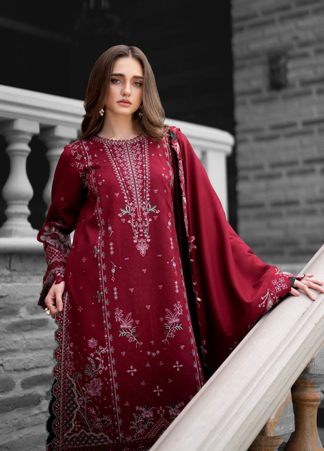 Serenity by Florent Unstitched Embroidered Marina Twill 3 Piece Suit FL26USF Dahlia - Festive Collection