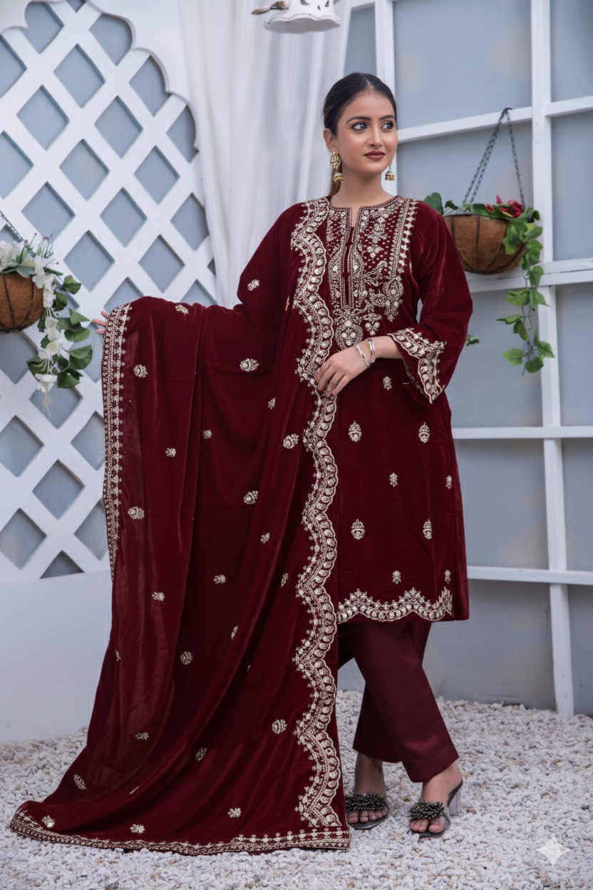 The Crown by Silcot Velvet Shawl 1 Piece Embroidered Regal Sapphiree - Winter Collection