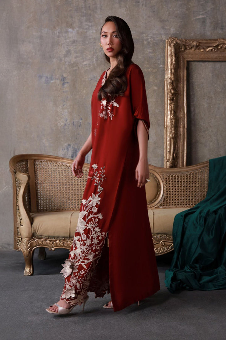 Liyaana From Nizka By Nida Rehan RTW Embroidered Khaddi Silk 3 Piece Suit Garnette - Festive Collection