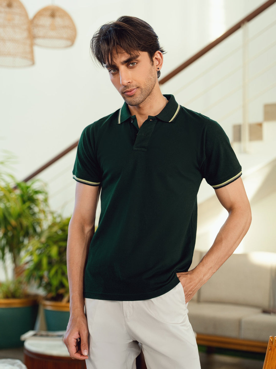 Brumano Mens RTW Solids Cotton Polo T-Shirt Green Multicolor Tipped Collar Casual Collection