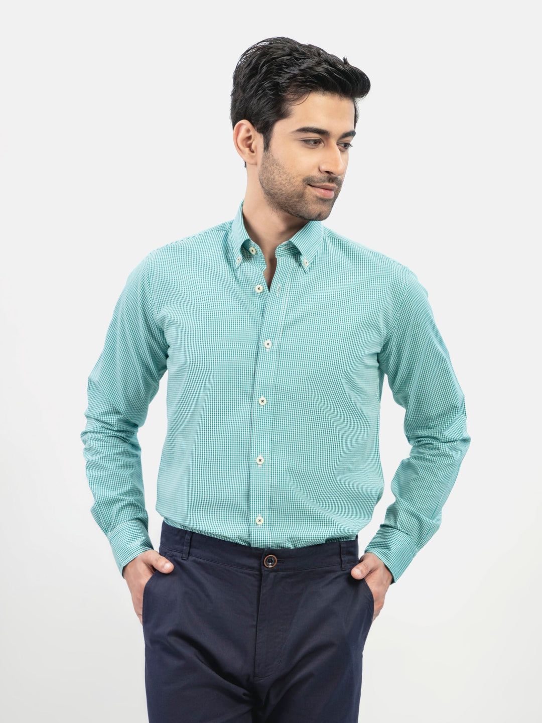 Brumano Ready To Wear Shirts Men 1 Piece Cotton Green Gingham Button Down Shirt 0-31-024-5088 - Summer Collection