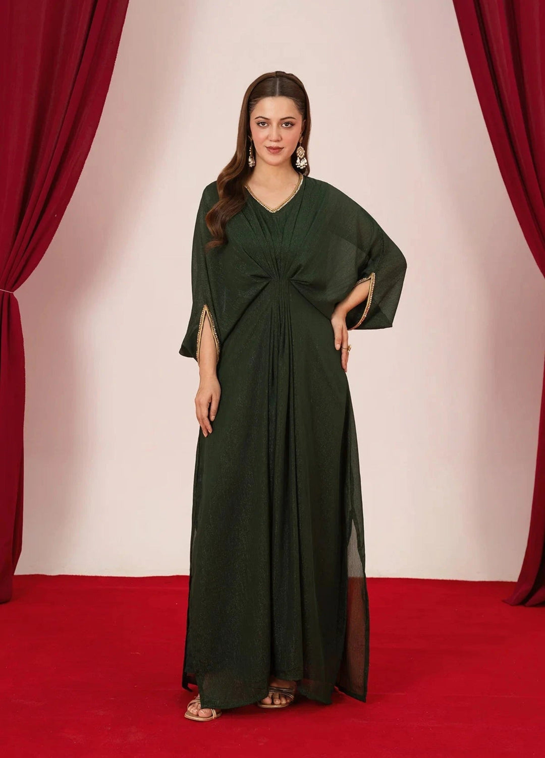 Mataish Women RTW Solids Chiffon 1 Piece Suit Green Kaftan - Festive Collection