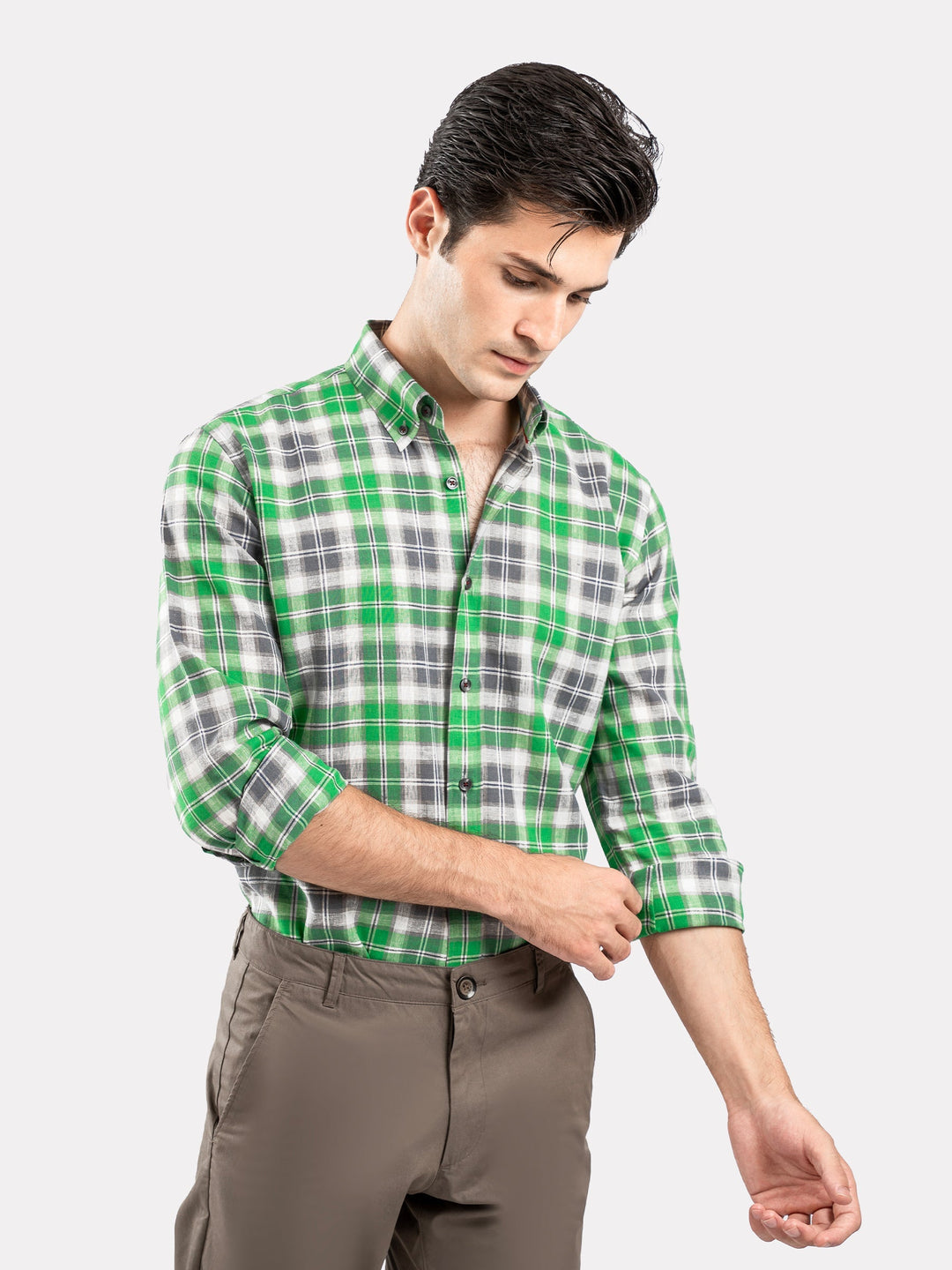 Brumano Mens RTW Solids Cotton Shirt Green N Grey Checkered Casual Collection