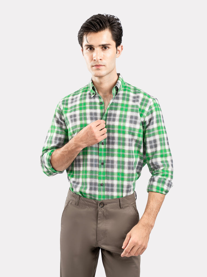 Green & Grey Linen Checkered Button Down Shirt