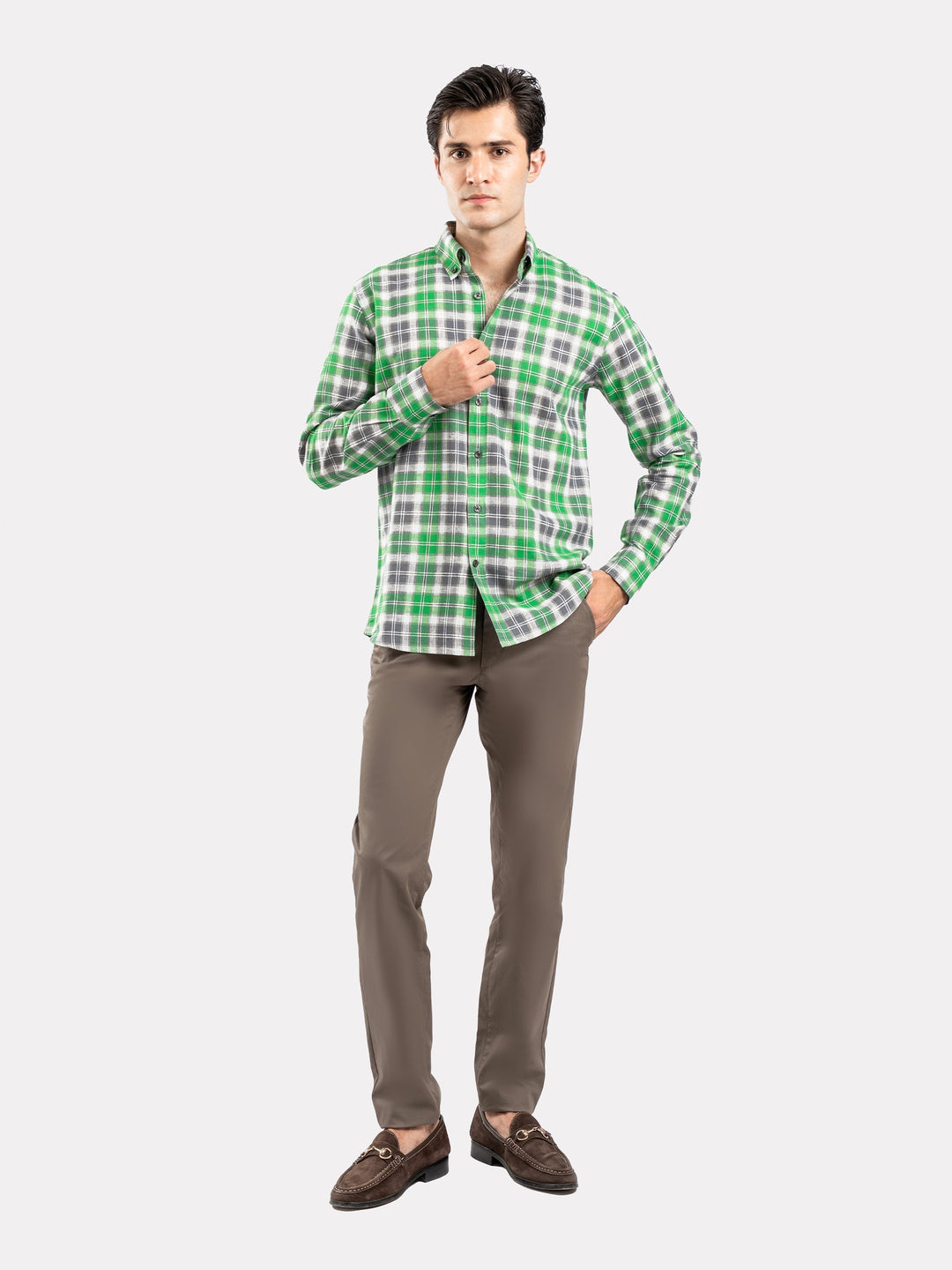 Green & Grey Linen Checkered Button Down Shirt