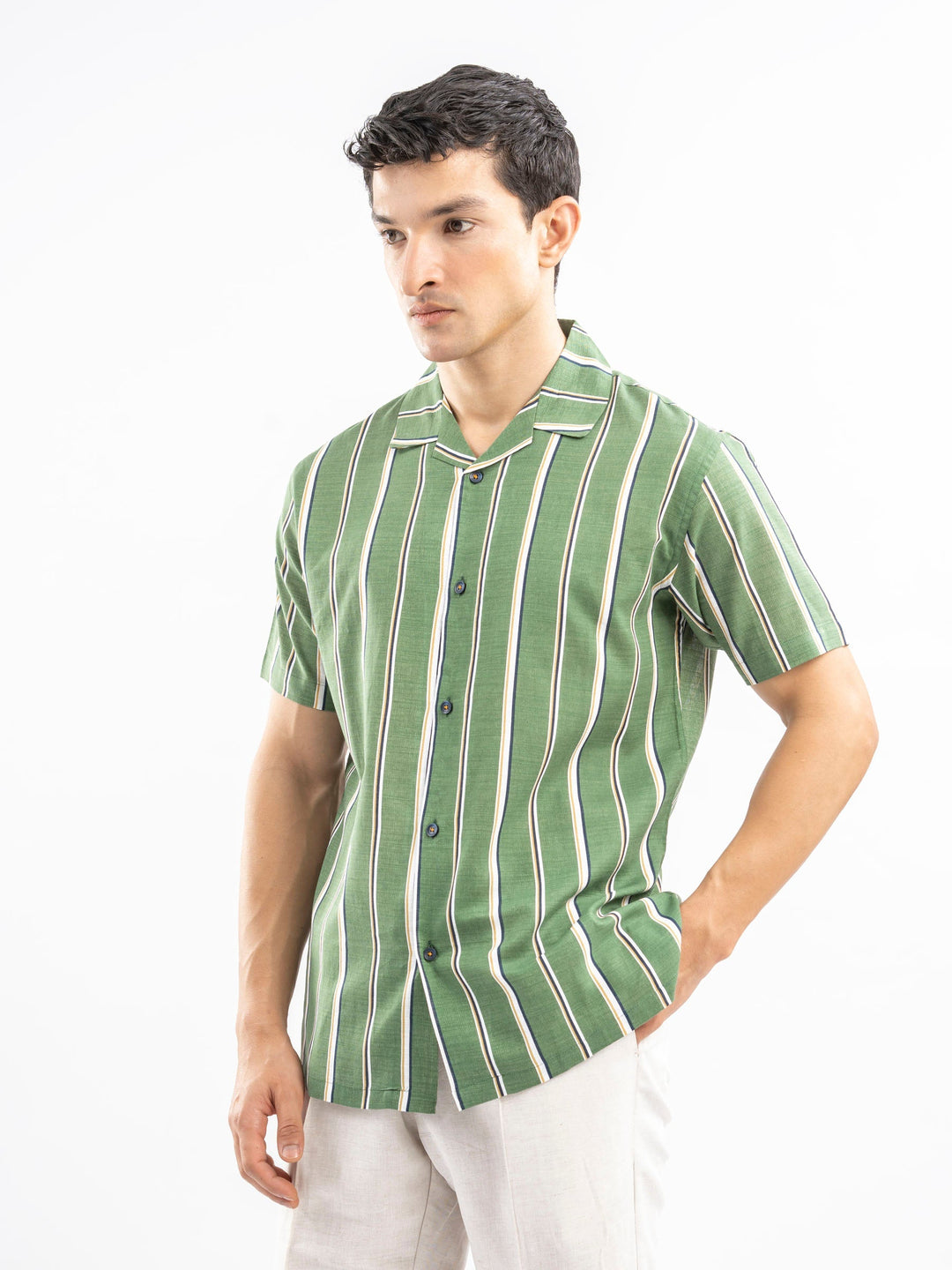 Brumano Ready To Wear Shirts Men 1 Piece Cotton Green & White Striped Cuban Collar Shirt 0-33-025-4399 - Summer Collection