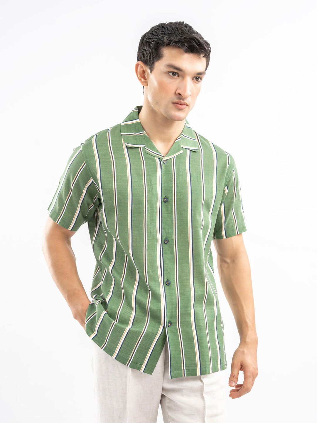 Brumano Mens RTW Solids Cotton Shirt Green N White Cuban Collar Casual Collection