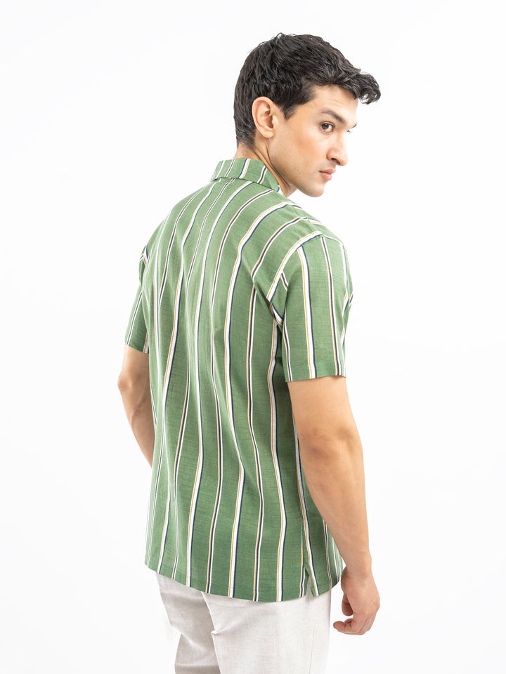 Brumano Ready To Wear Shirts Men 1 Piece Cotton Green & White Striped Cuban Collar Shirt 0-33-025-4399 - Summer Collection
