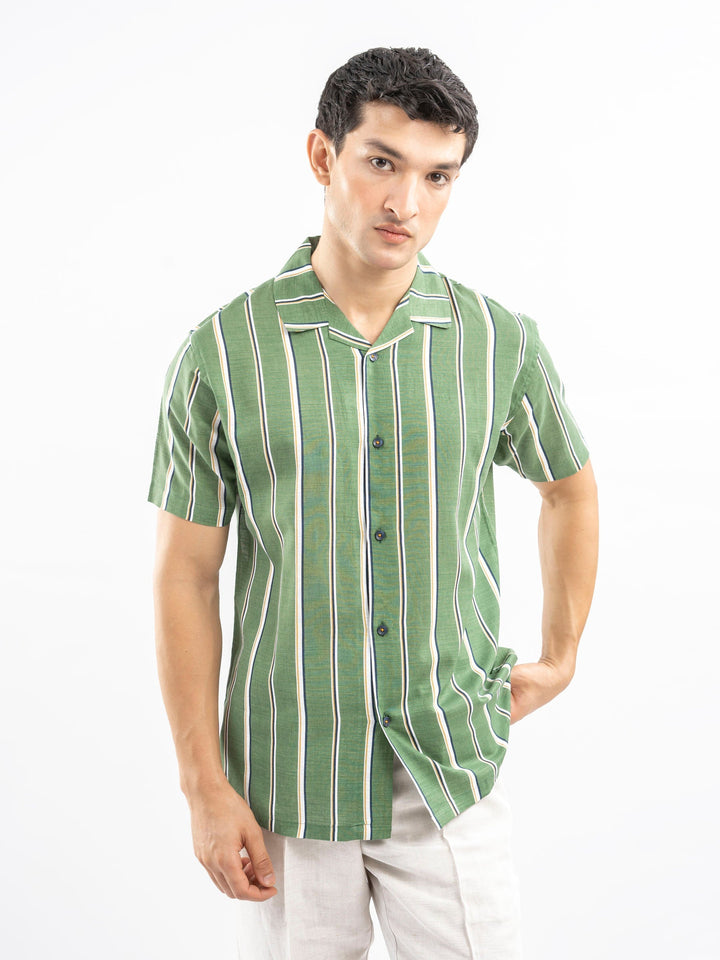 Brumano Ready To Wear Shirts Men 1 Piece Cotton Green & White Striped Cuban Collar Shirt 0-33-025-4399 - Summer Collection