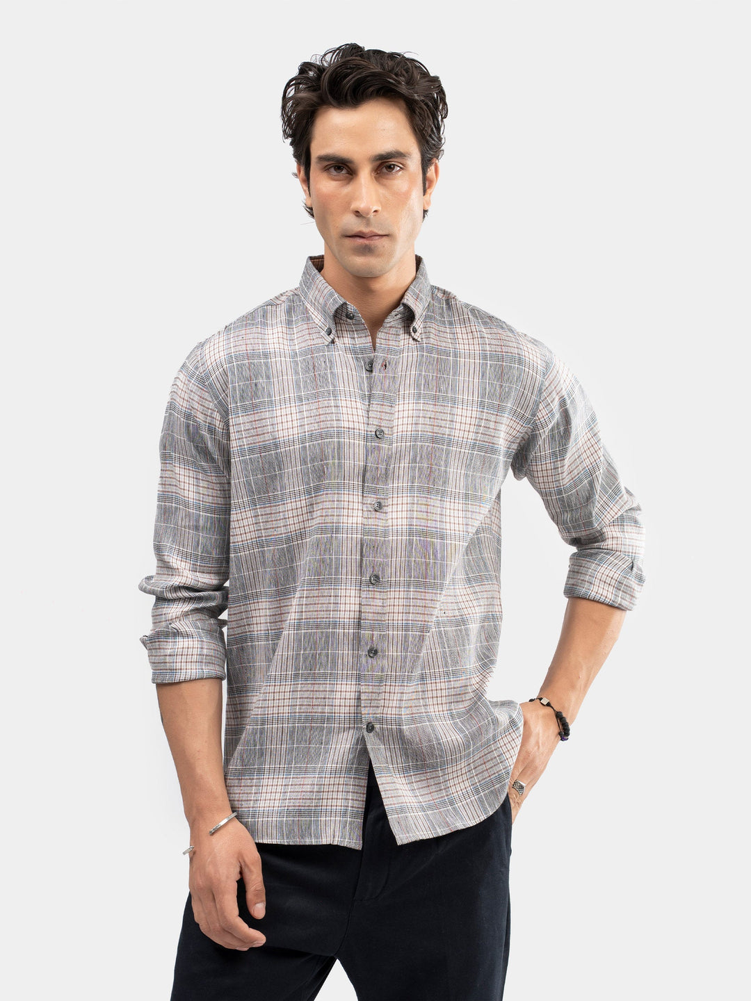Brumano Mens RTW Solids Cotton Shirt Grey Checkered Casual Collection