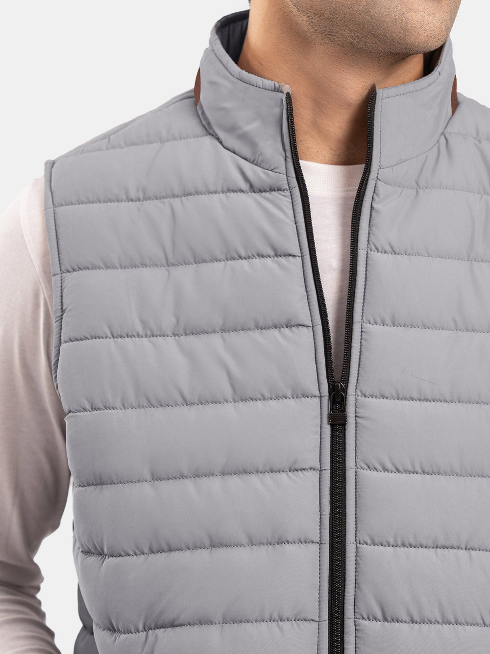 Brumano Mens RTW Solids Poly Jacket Suit Grey Puffer With Leather Detailing Winter Collection
