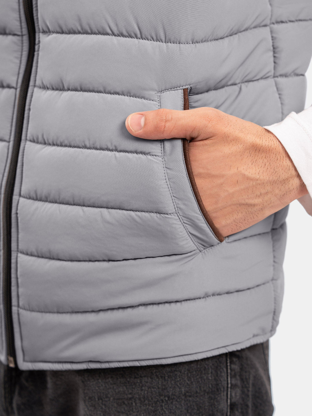 Brumano Mens RTW Solids Poly Jacket Suit Grey Puffer With Leather Detailing Winter Collection