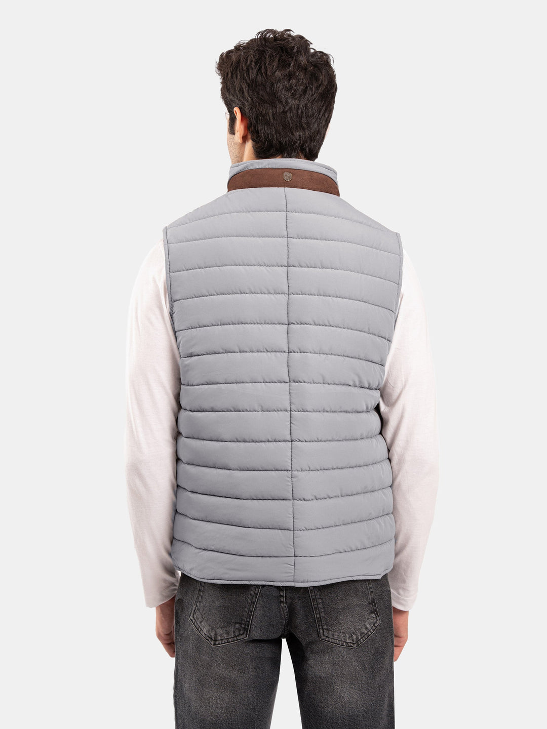 Brumano Mens RTW Solids Poly Jacket Suit Grey Puffer With Leather Detailing Winter Collection