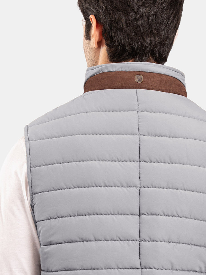 Brumano Mens RTW Solids Poly Jacket Suit Grey Puffer With Leather Detailing Winter Collection