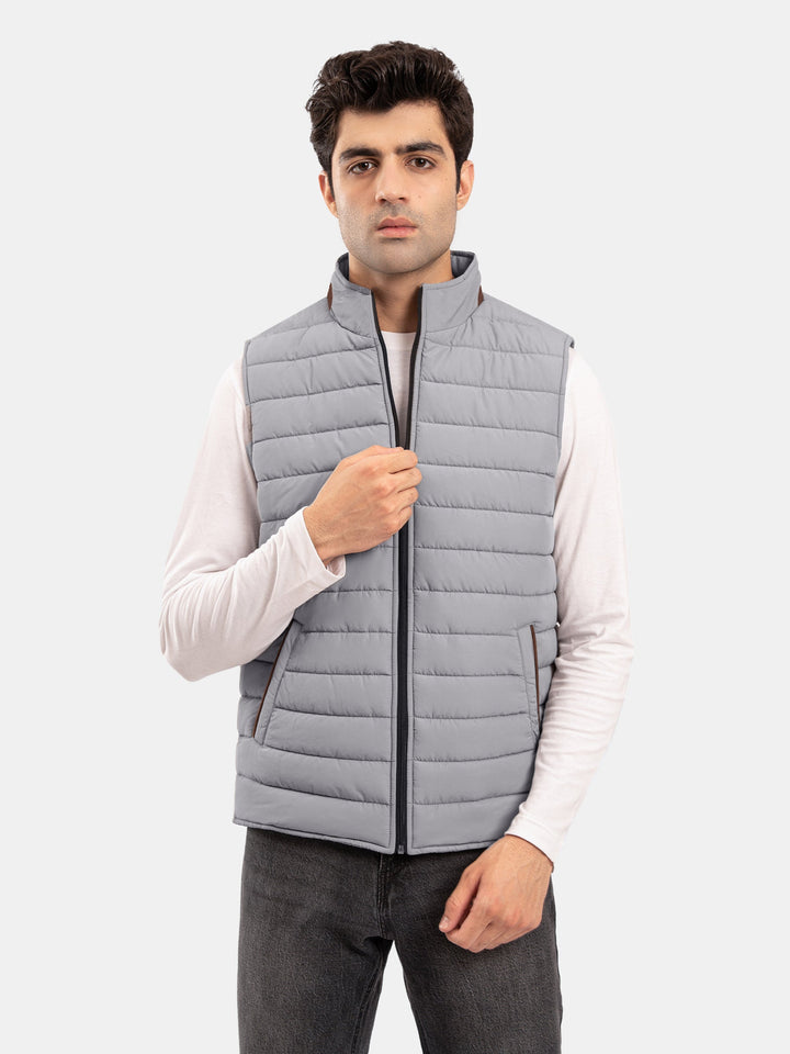 Brumano Mens RTW Solids Poly Jacket Suit Grey Puffer With Leather Detailing Winter Collection