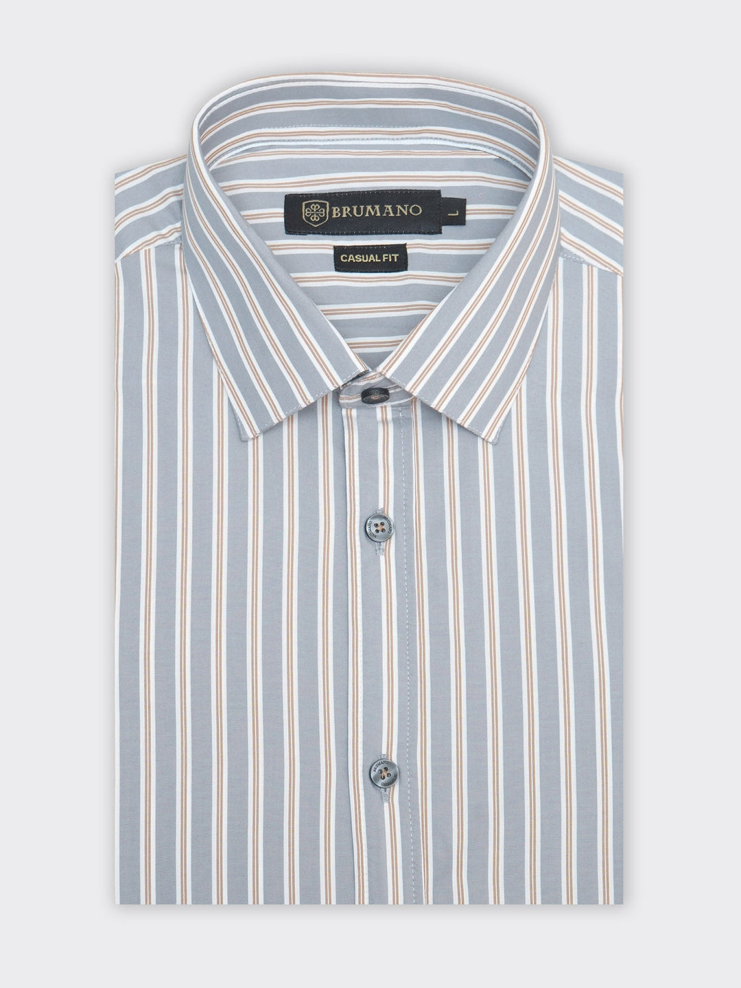 Brumano Mens RTW Solids Cotton Shirt Grey N White Striped Western Collection