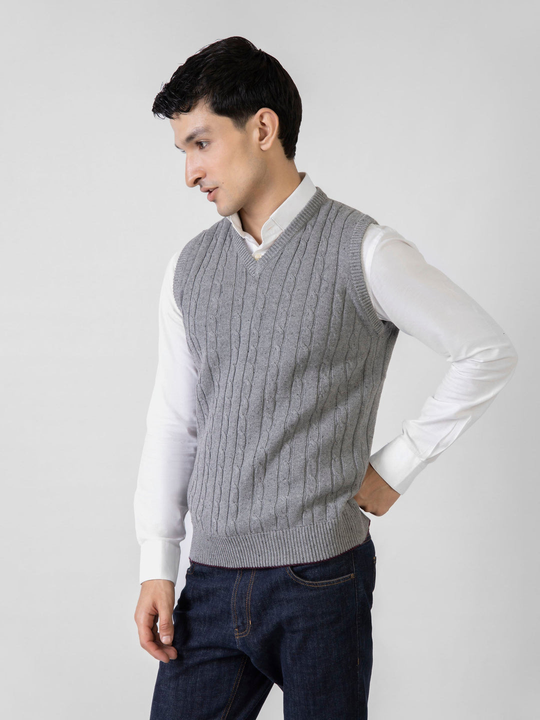 Brumano Ready to Wear Men Cotton Grey Cable Knitted V-Neck Sleeveless Sweater 0-22-024-3117-D-02 - Winter Collection