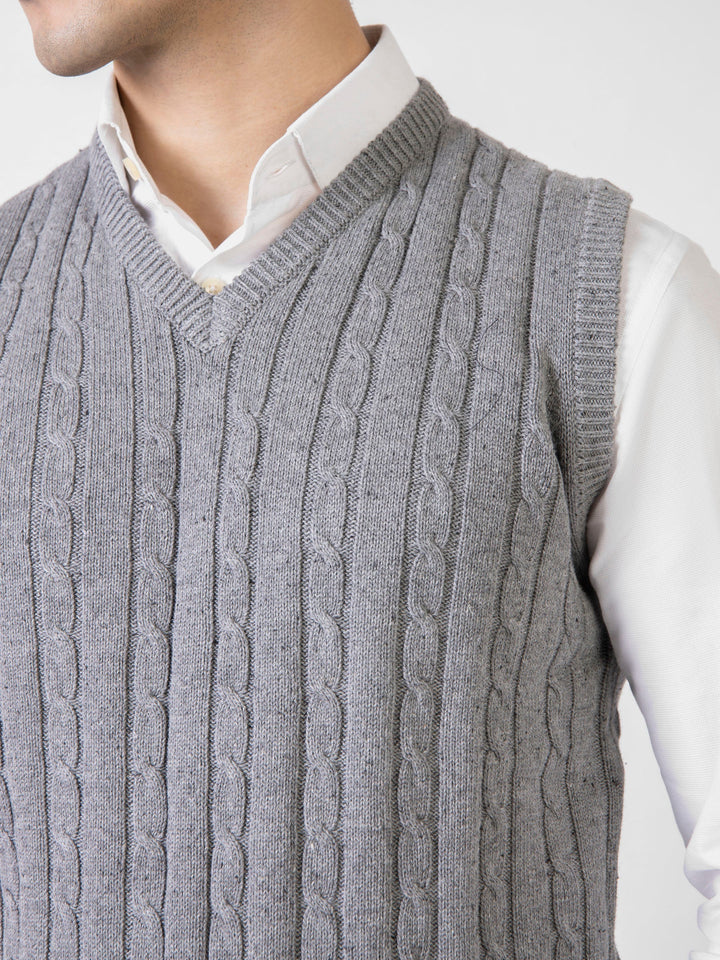 Brumano Ready to Wear Men Cotton Grey Cable Knitted V-Neck Sleeveless Sweater 0-22-024-3117-D-02 - Winter Collection