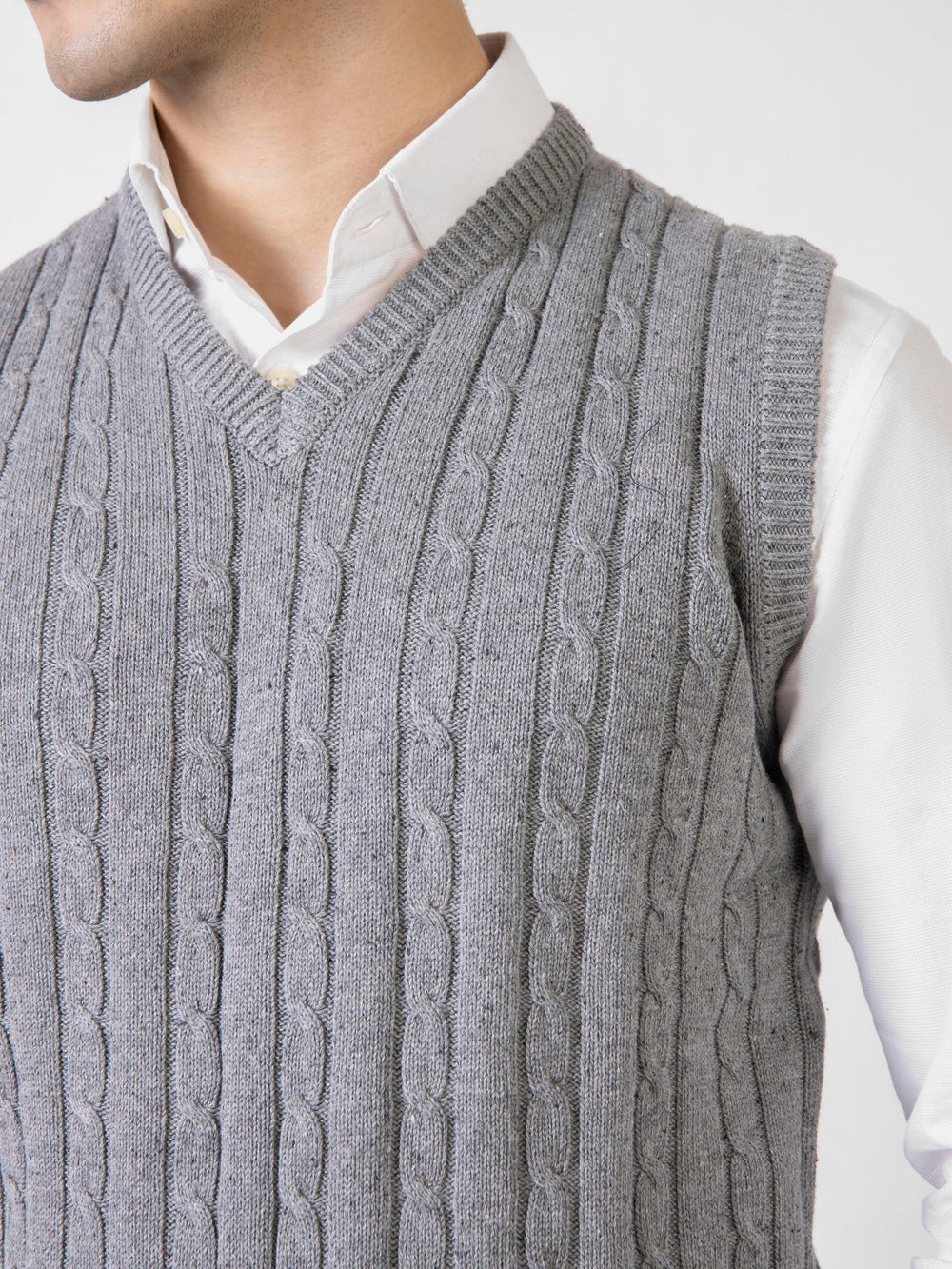 Brumano Ready to Wear Men Cotton Grey Cable Knitted V-Neck Sleeveless Sweater 0-22-024-3117-D-02 - Winter Collection