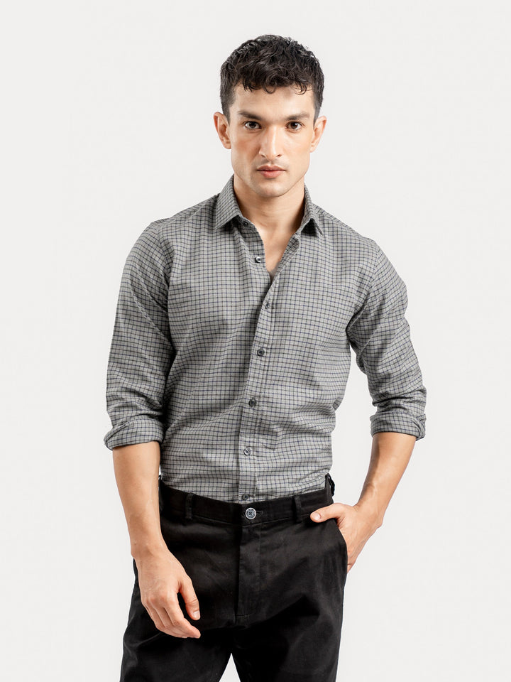 Brumano Ready To Wear Shirts Men 1 Piece Cotton Grey Flannel Gingham Checkered Shirt 0-31-025-4522 - Summer Collection