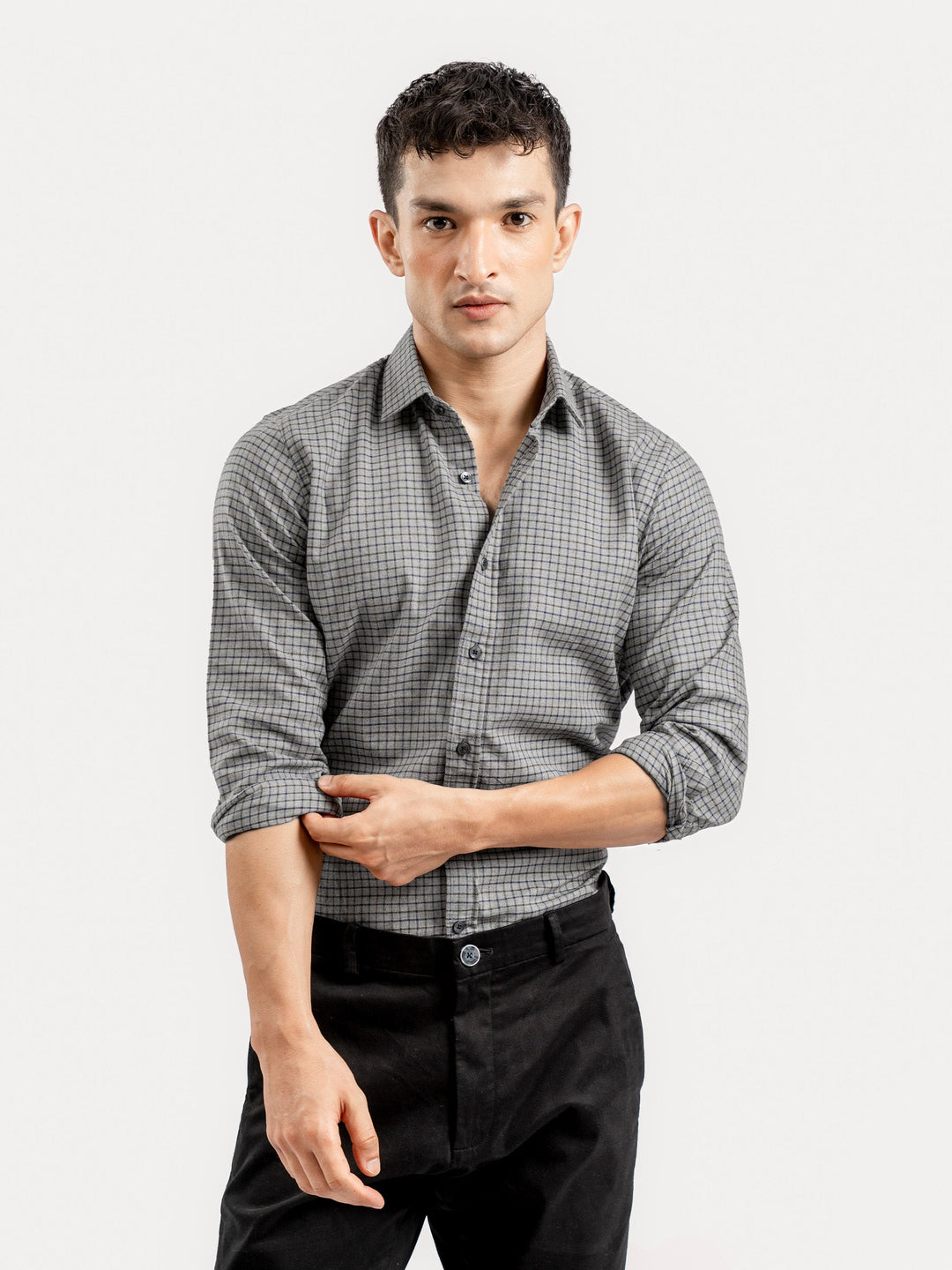 Brumano Ready To Wear Shirts Men 1 Piece Cotton Grey Flannel Gingham Checkered Shirt 0-31-025-4522 - Summer Collection