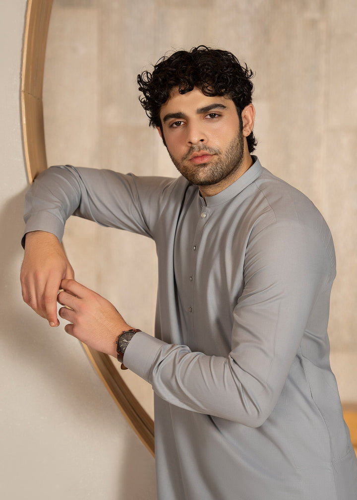 Buraq Men RTW Solids Wash N Wear Kurta Shalwar Suit Grey Casual Collection