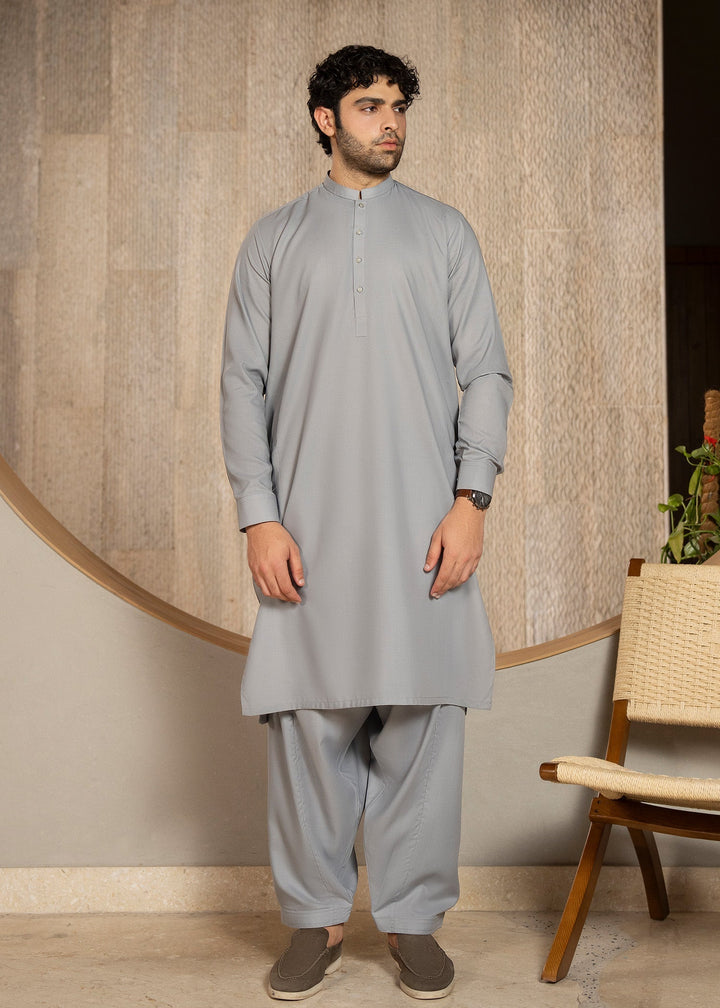 Buraq Men RTW Solids Wash N Wear Kurta Shalwar Suit Grey Casual Collection