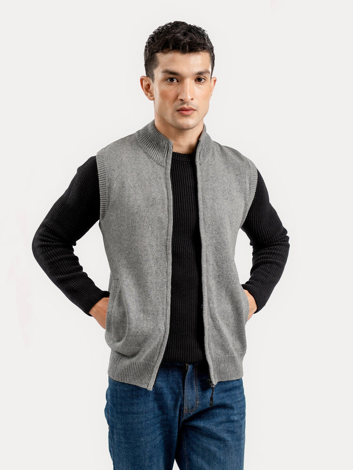 Brumano Mens RTW Solids Cotton 1 Piece Grey Neppy Sleeveless Zipper Winter Collection