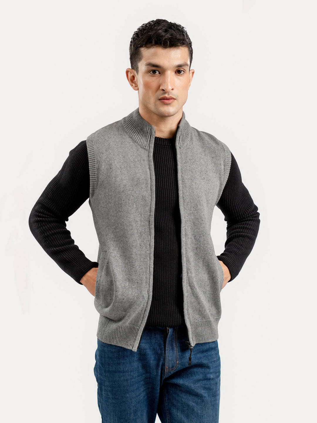 Brumano Mens RTW Solids Cotton 1 Piece Grey Neppy Sleeveless Zipper Winter Collection