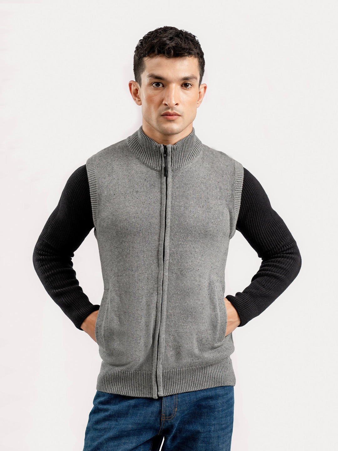 Brumano Mens RTW Solids Cotton 1 Piece Grey Neppy Sleeveless Zipper Winter Collection