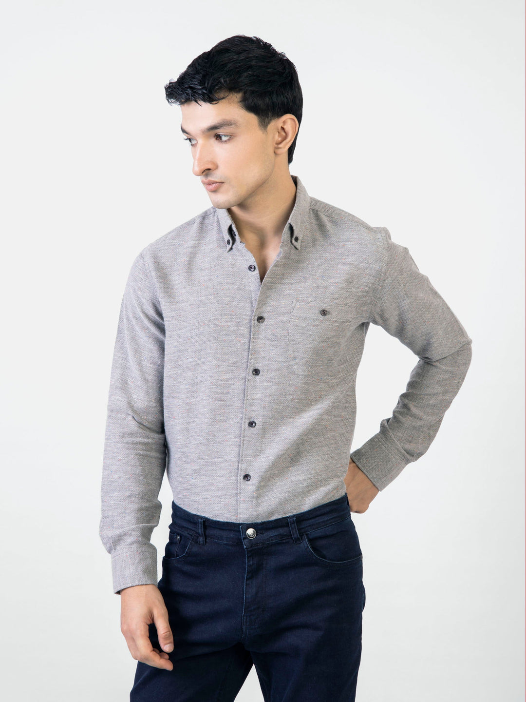 Brumano Mens RTW Solids Cotton Shirt Grey Structured With Multi Color Neps Casual Collection