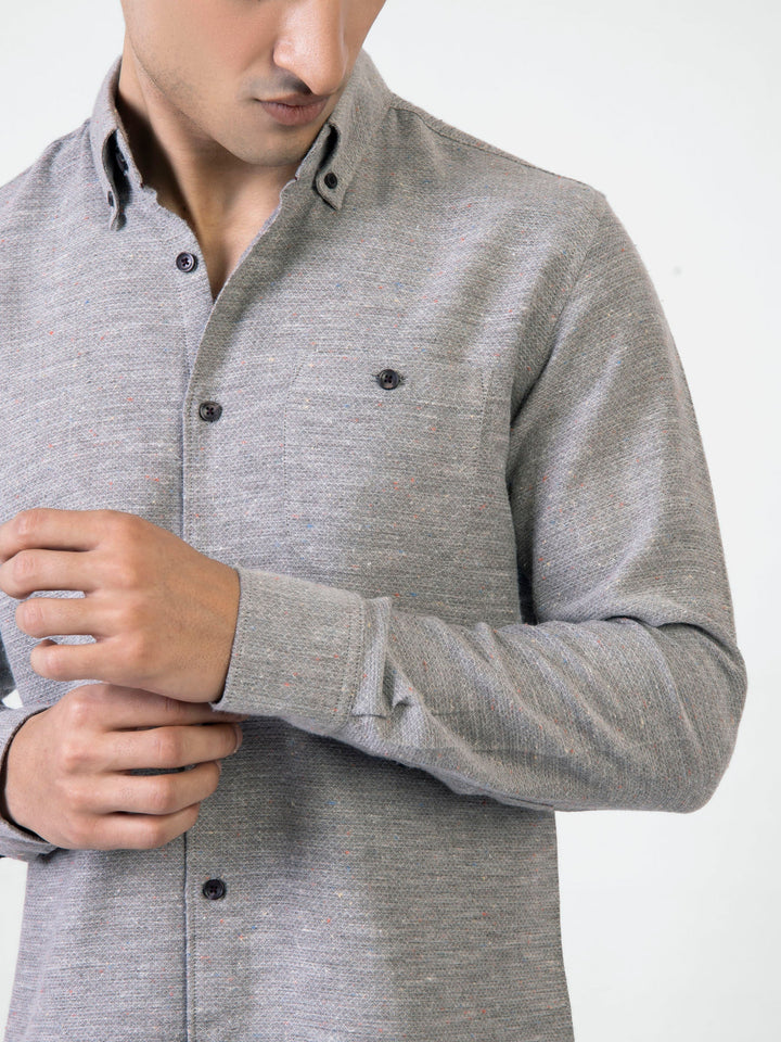 Grey Structured Dobby Shirt With Multi Color Neps