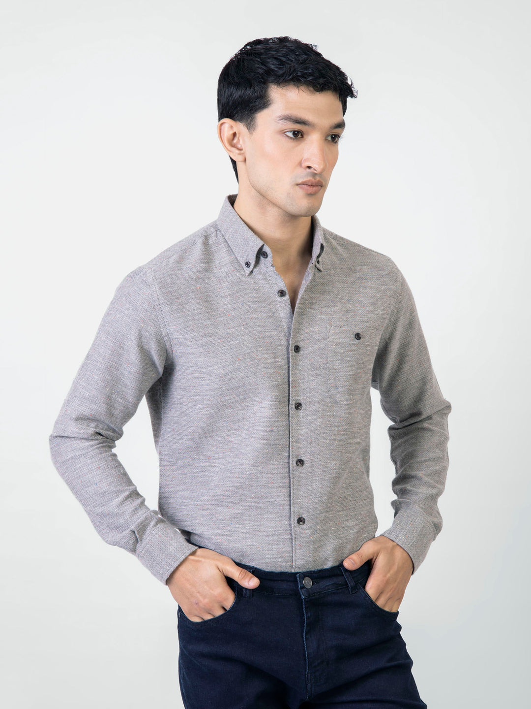 Grey Structured Dobby Shirt With Multi Color Neps