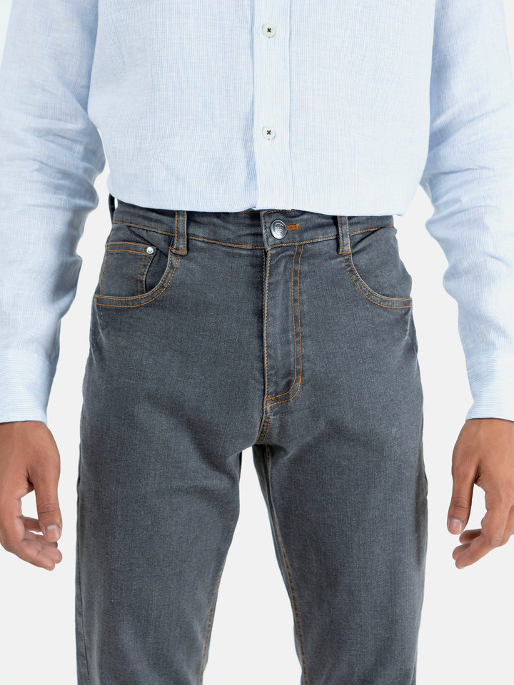 Brumano  Solids Mens  -  Grey Washed Slim Fit Denim Jeans With Orange Detailing