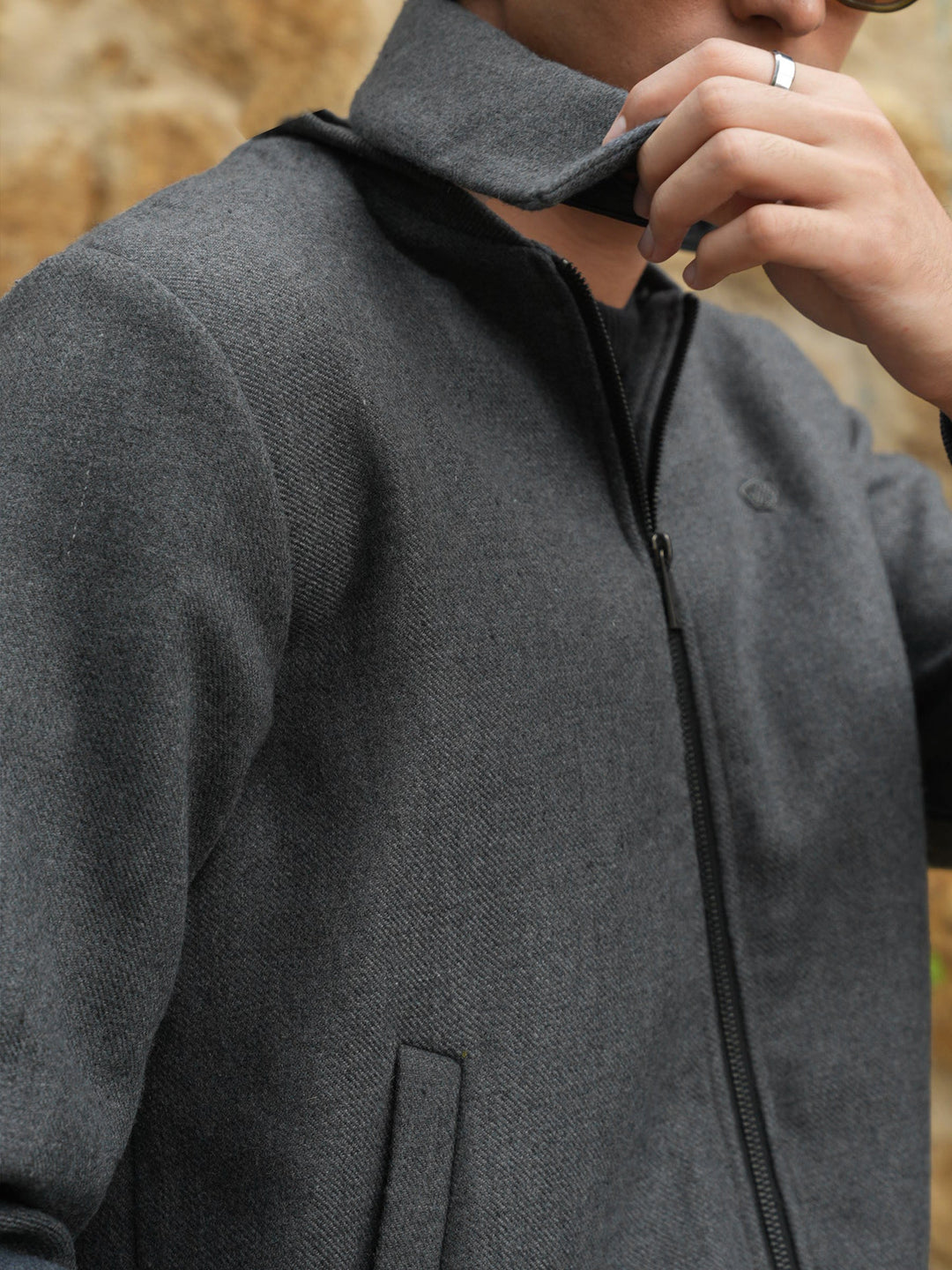 Brumano Mens RTW Solids Wool Jacket Grey Blended Detachable Collar Winter Collection