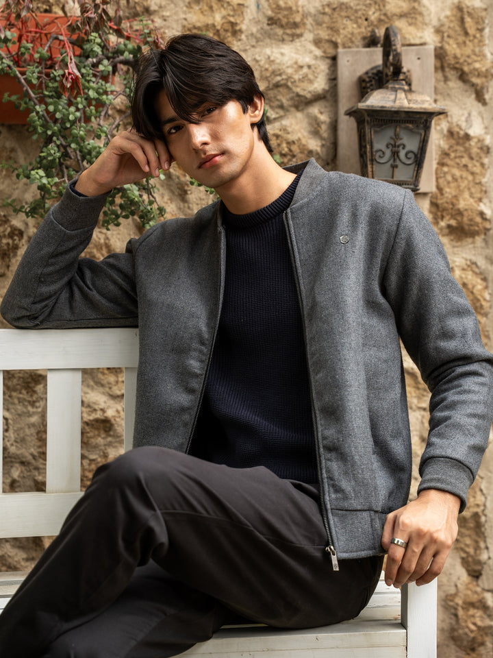 Brumano Mens RTW Solids Wool Jacket Grey Blended Detachable Collar Winter Collection