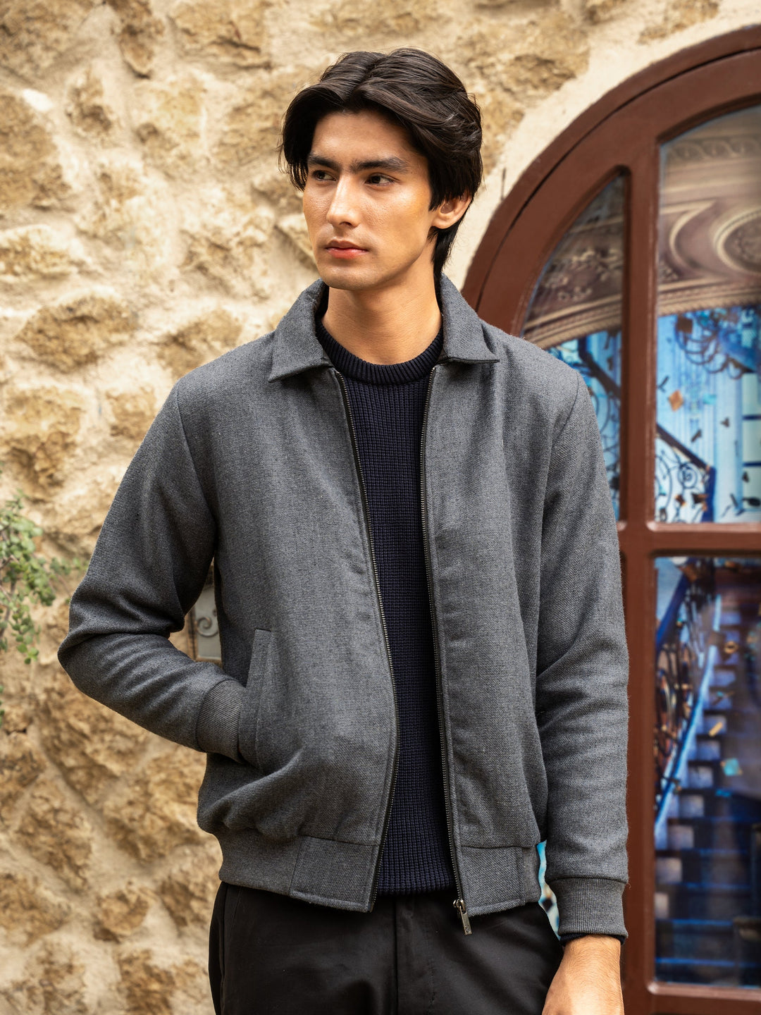 Brumano Mens RTW Solids Wool Jacket Grey Blended Detachable Collar Winter Collection