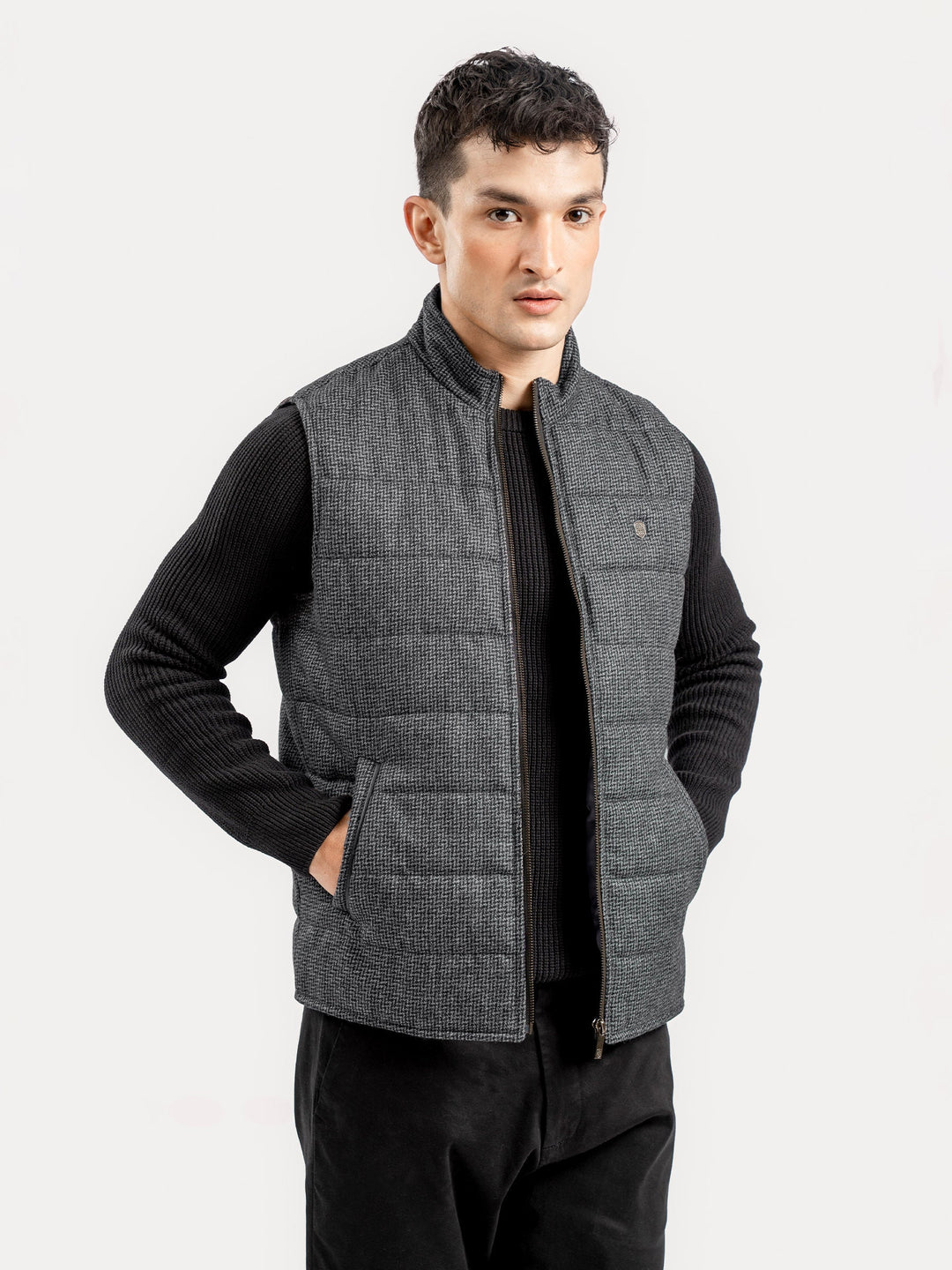 Brumano Mens RTW Solids Wool Jacket Grey N Black Sleeveless Zipper Winter Collection