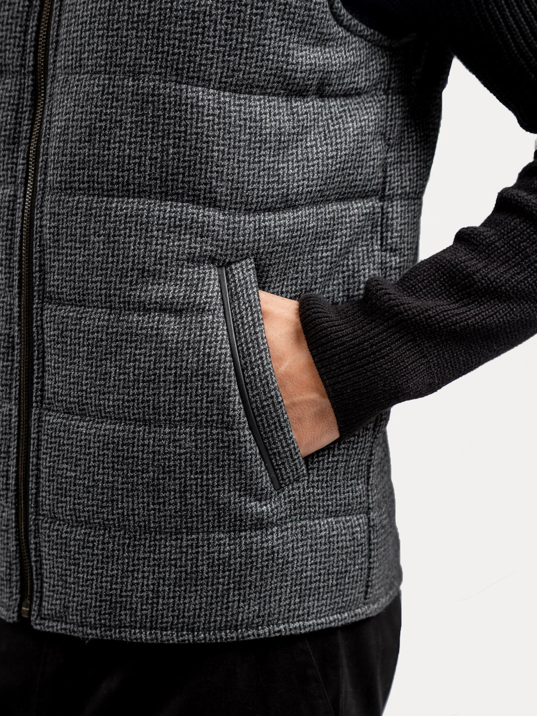 Brumano Ready To Wear Solids Cotton 1 Piece Men Grey & Black Patterned Wool Structured Sleeveless Zipper Jacket 0-12-025-4327 - Winter Collection
