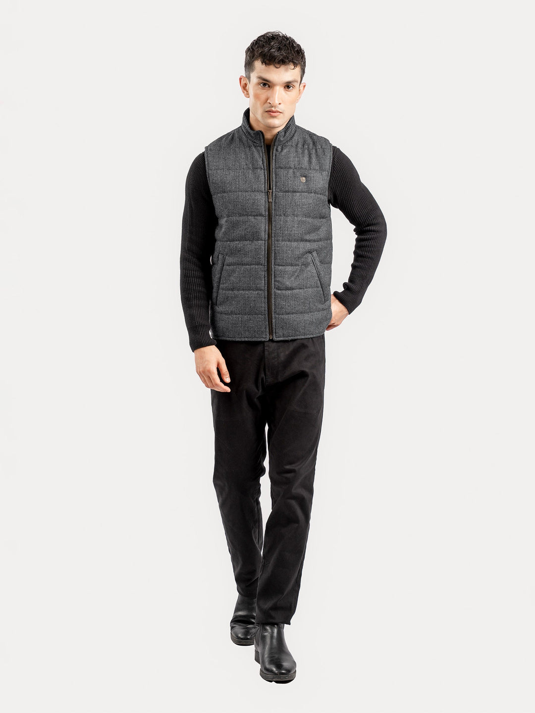 Brumano Ready To Wear Solids Cotton 1 Piece Men Grey & Black Patterned Wool Structured Sleeveless Zipper Jacket 0-12-025-4327 - Winter Collection