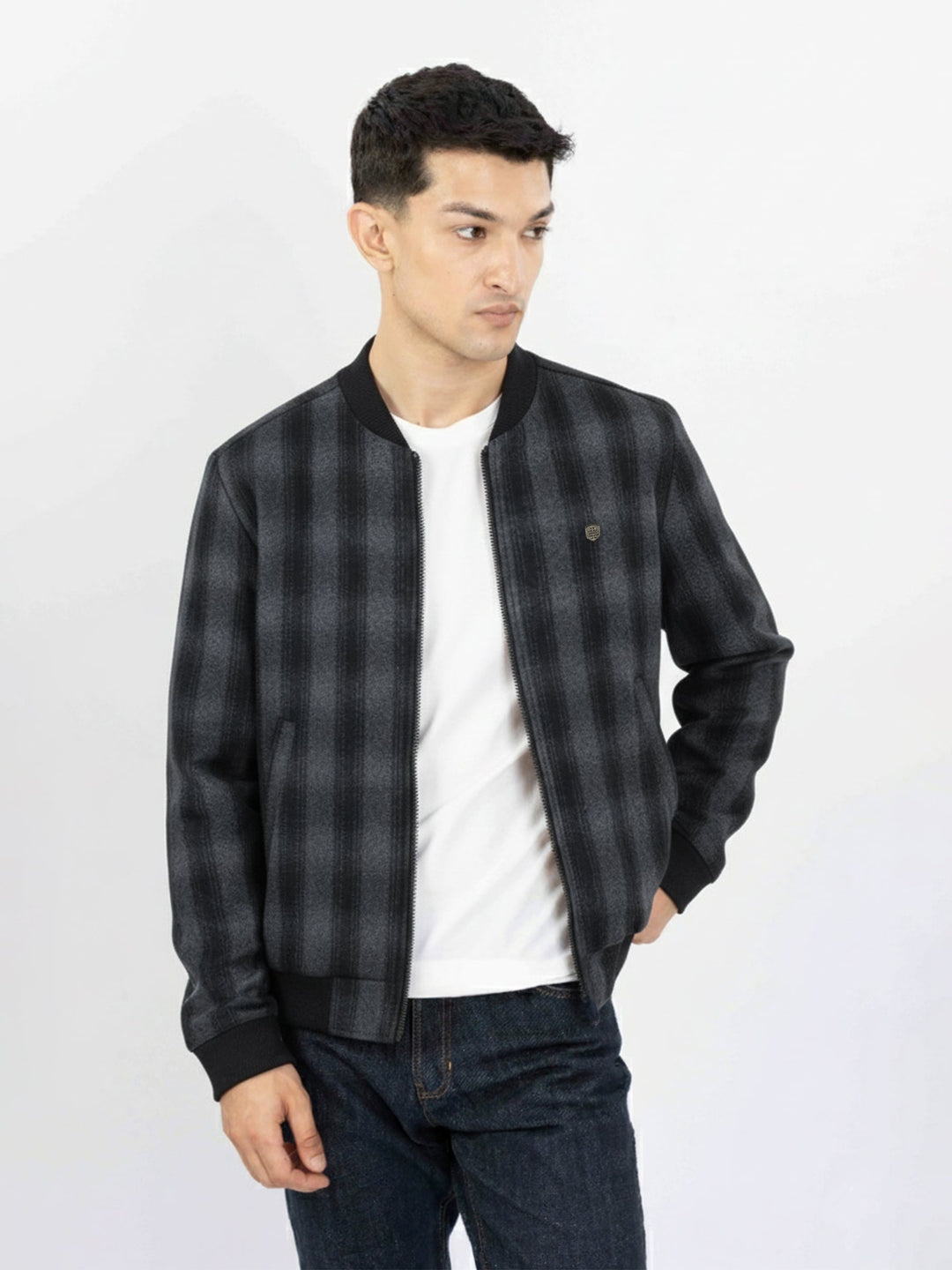 Brumano Pret Solids Polyester 1 Piece Grey & Black Wool Checkered Bomber Jacket