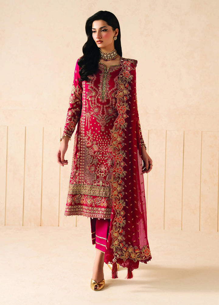 Syleena by Gulaal Unstitched Embroidered Raw Silk 3 Piece Suit GL26USR Rubine SD-27 - Festive Collection