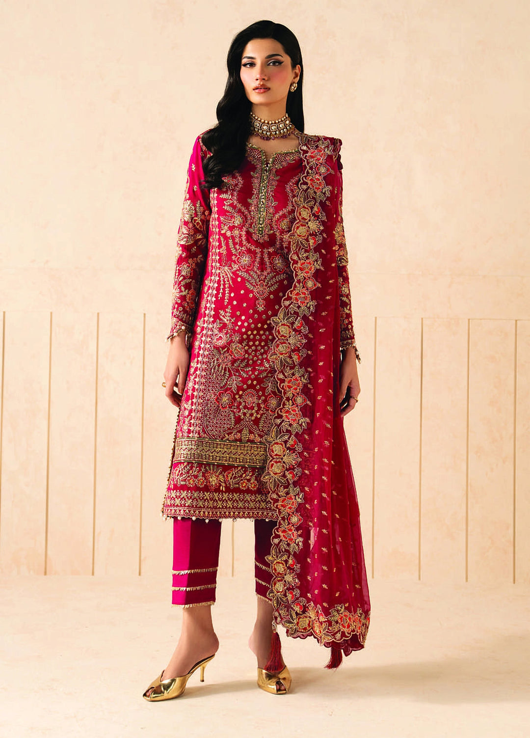 Syleena by Gulaal Unstitched Embroidered Raw Silk 3 Piece Suit GL26USR Rubine SD-27 - Festive Collection